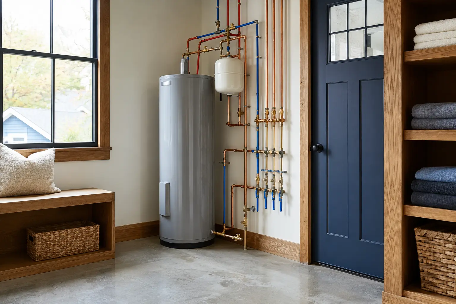 Finished water-heater installation with neatly routed supply lines