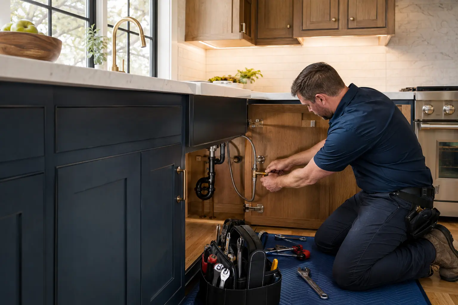 Plumber completing a careful kitchen repair