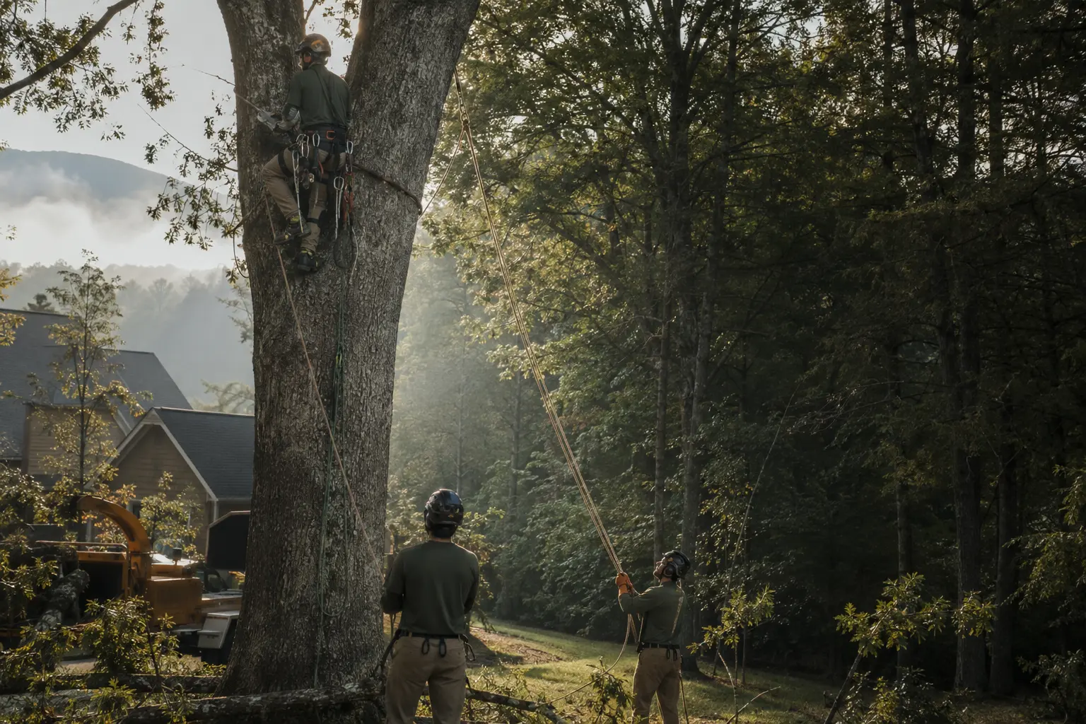 Arborist crew using controlled rigging on a mature tree
