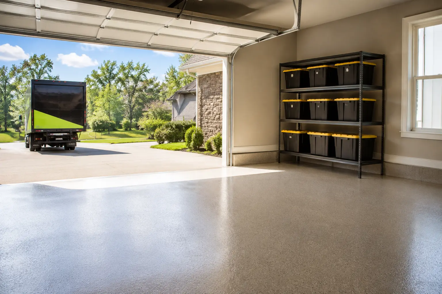 Cleared and swept residential garage after a cleanout