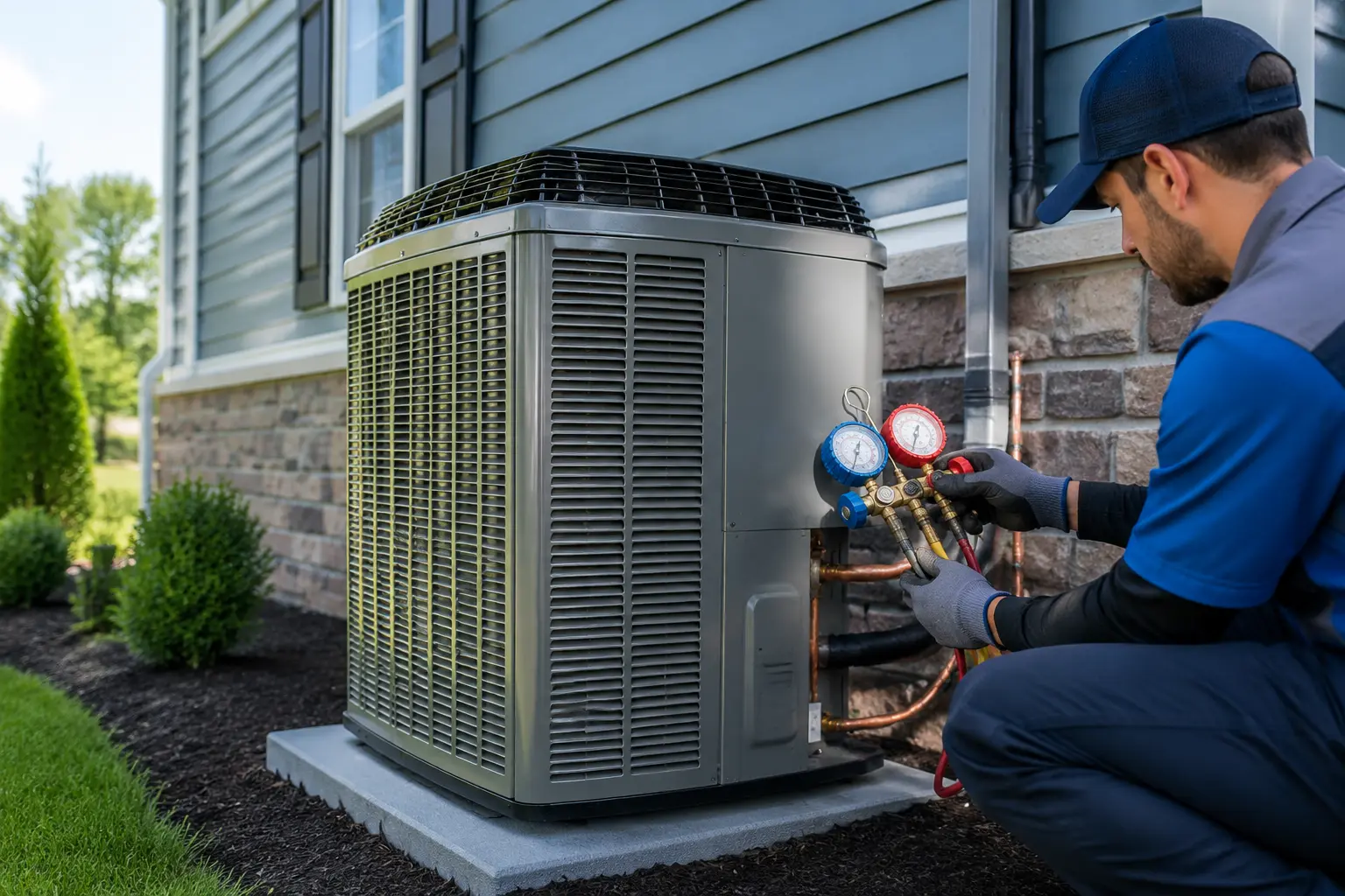 HVAC technician checking a residential heat pump