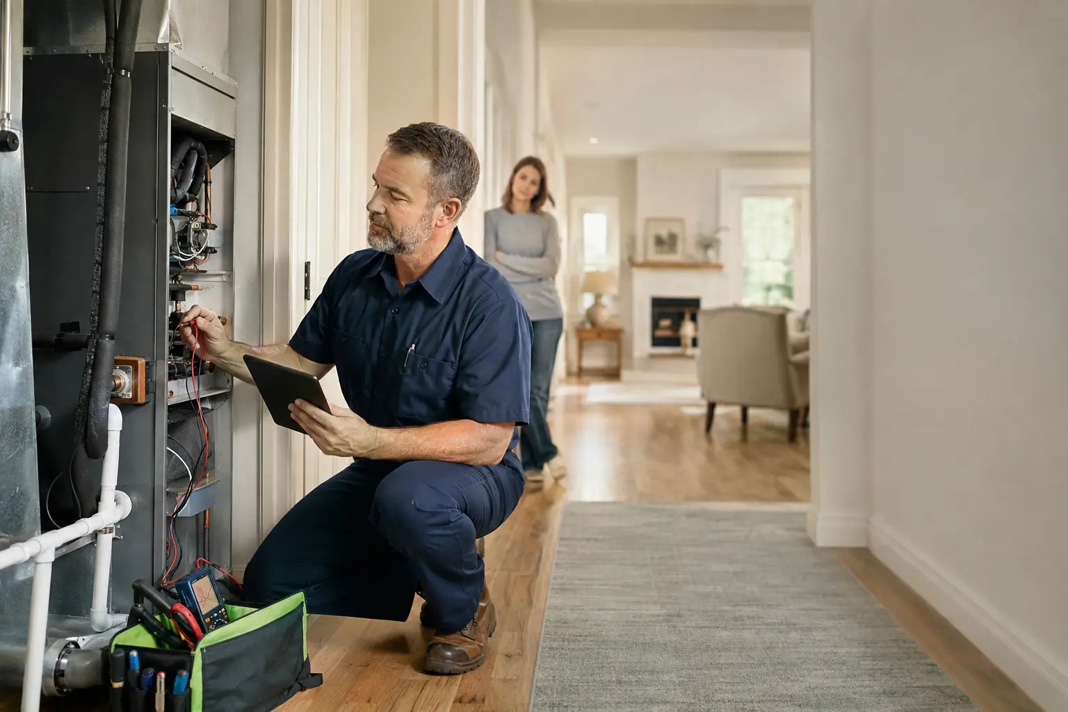 HVAC technician diagnosing a residential system