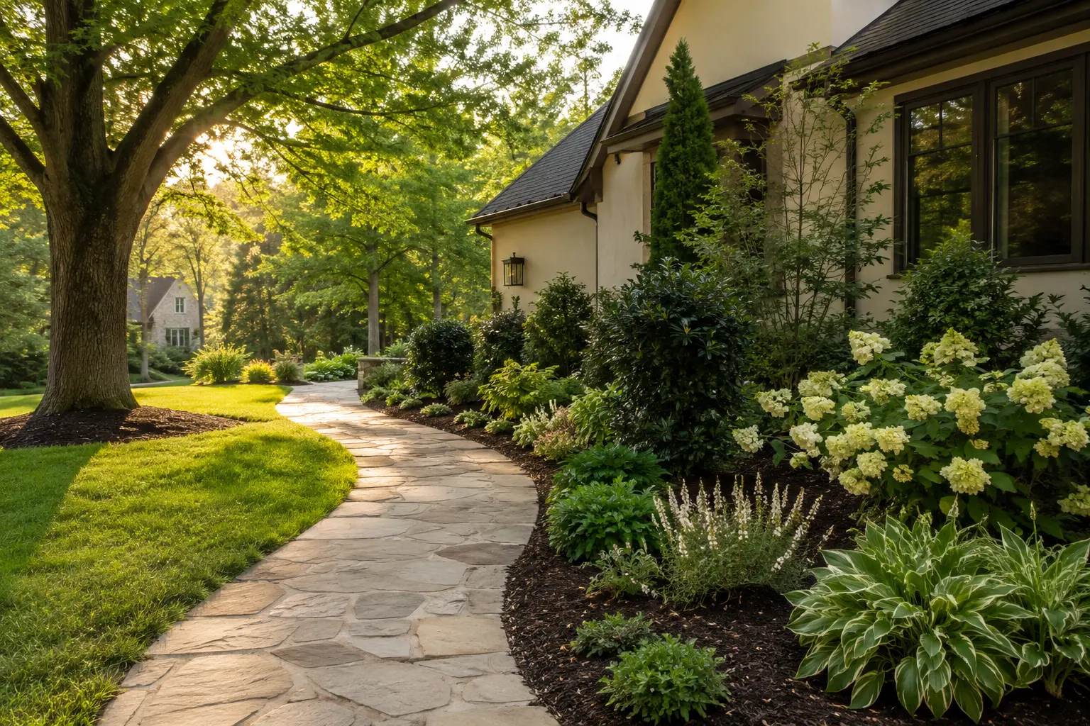 Stone path and layered planting beds at a Knoxville home